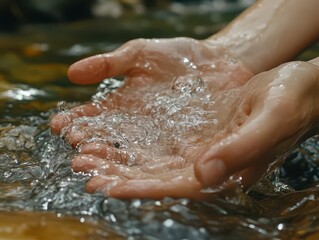 Fototapeta premium close-up of water flowing over rocks in a river, with a person cupping their hands to catch the refreshing water, encapsulating the essence of nature and pure hydration