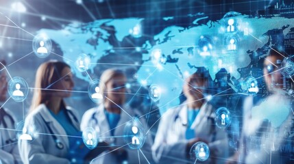 Medical innovation network featuring doctors connected by digital lines, with a global map in the background, creating a modern healthcare stock image