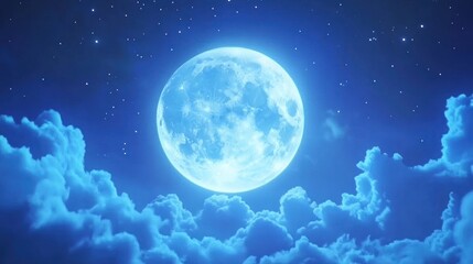Obraz premium A large, bright full moon shines through a layer of wispy clouds in a dark blue night sky filled with stars.