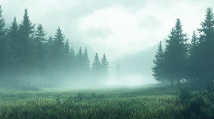 Tranquil misty forest with evergreen trees in lush green meadow