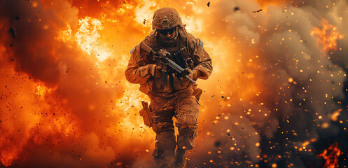 A soldiers running with gun. fire background, capturing the essence of battlefield adrenaline and bravery.