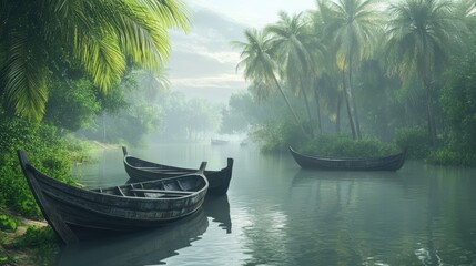 Tranquil morning in a tropical jungle river with traditional wooden boats