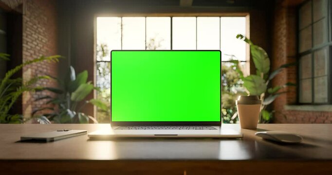 Laptop with blank green screen, front view. Static footage with trees swaying or moving in the wind. Home interior or loft office background