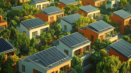 Sustainable homes with solar panels amidst greenery in modern eco-friendly neighborhood
