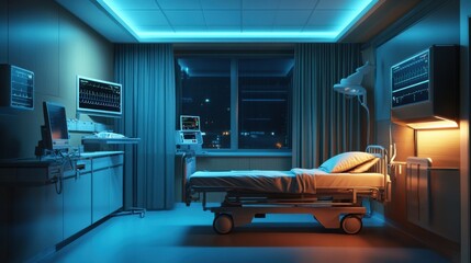 Medical room with a single patient bed, monitors, and essential medical equipment, creating a sterile and organized atmosphere, ideal for a medical stock image
