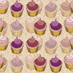 Seamless pattern with cupcakes. Muffin cake, sweet cupcake with cream, delicious pastries. Modern vector illustration for fabric, textile. Dessert print for a candy bar