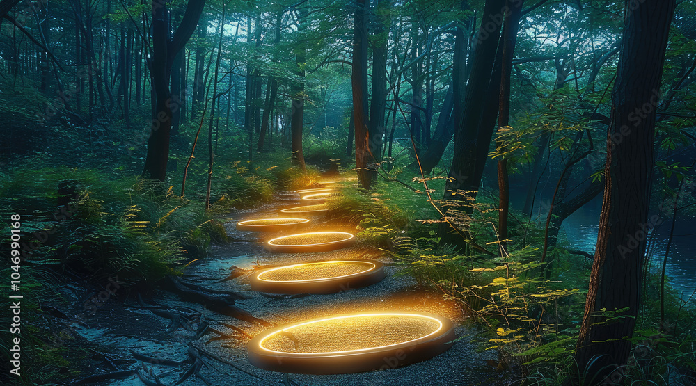 Poster An intelligent forest pathway equipped with motion-activated sensors illuminates the trail as walk.