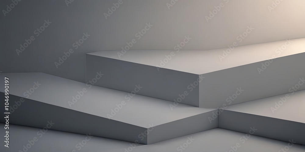 Poster The image is a 3D rendering of a white staircase with a gray background
