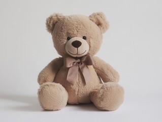 Obraz premium cute brown teddy bear plush toy resting on a pristine white background, exuding warmth and comfort, capturing childhood nostalgia and affection through simple yet effective design