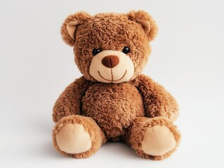 Obraz premium cute brown teddy bear plush toy resting on a pristine white background, exuding warmth and comfort, capturing childhood nostalgia and affection through simple yet effective design
