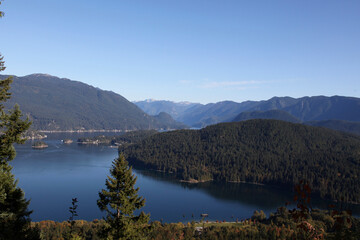 Beautiful view of the Burrard Inlet seen from Burnaby Mountain Park in British Columbia, Canada