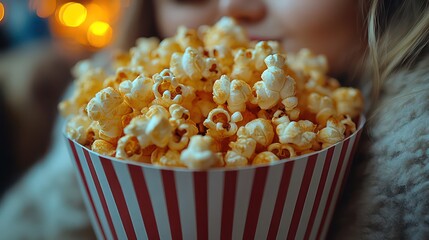 Popcorn in striped basket close-up. Girl watching movie in cinema