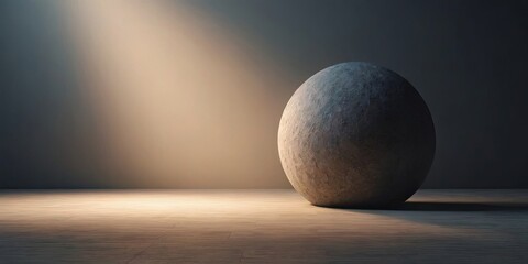 A large stone ball is sitting on a wooden floor