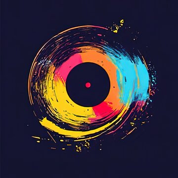 A simple, minimalist logo with a vinyl record in the center, featuring color gradients on a dark, plain background. The design features a flat vector graphics style. Vinyl Day.