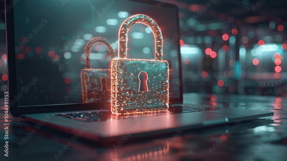 Poster Cyber security concept of a digital padlock in front of a laptop computer, digital security.