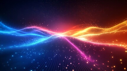 multicolored lines pulsing outward from the center, creating a wave of digital energy on a dark, smooth surface, with a sense of motion and intensity