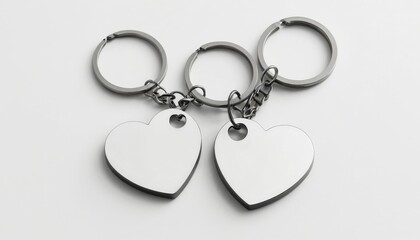Elegant blank metal heart-shaped keychains on a white background