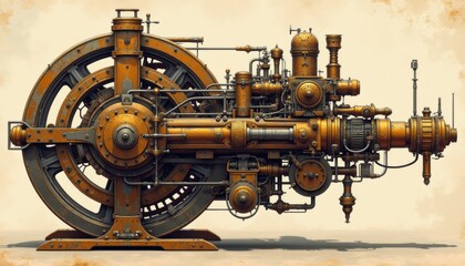 Obraz premium Intricate vintage steam engine machinery with rusted metal and pipes, steampunk design concept