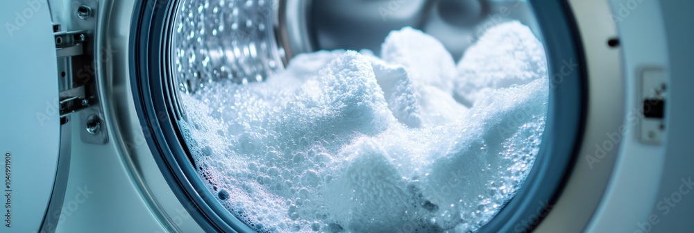 Poster the washing machine drum is packed with clean white towels and frothy bubbles as the laundry spins d