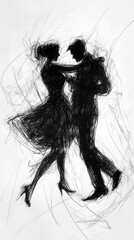 Black charcoal pencil drawing of a young active couple dancing in white background with live performance