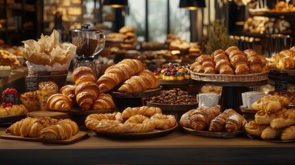 A table full of pastries including croissants, danishes, and pretzels with a variety of coffee beans and other breakfast items in a bakery.