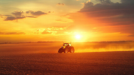 Tractor Plowing Field at Sunset, Agriculture, Farming Landscape
