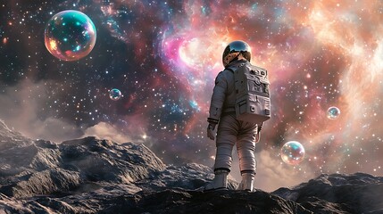 Obraz premium An astronaut gazing up at a sky filled with swirling colors and floating bubbles in a surreal galaxy, while standing on the rocky surface of a distant planet