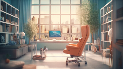 Fototapeta premium Home office with large window overlooking city at dusk Blurred office workspace in the evening , interior workplace with cityscape for business presentation background 