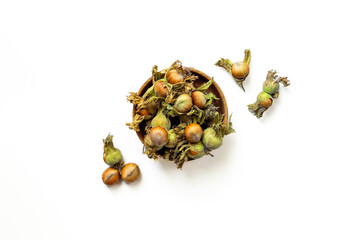 Hazelnut harvest time. Fresh hazelnuts with leafy shells, top view