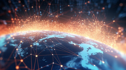 Fototapeta premium Global Network Connection Over Planet Earth, generative ai and internet background hyper realistic Exploring the web3 frontier: decentralized information and distributed social networking in the next