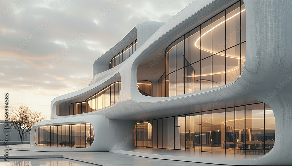 Poster square building design, building with rounded corners, modern architectural design, open and invitin