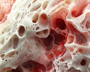 Abstract texture with red and white patterns.