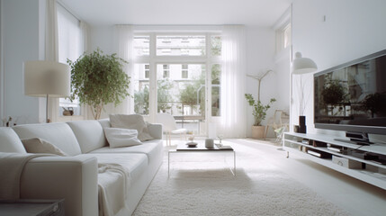 Fototapeta premium A well-placed mirror in the living room can make the space feel larger and more open white and gold theme modern interior cozy scandinavian living room with fireplace 