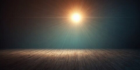 Obraz premium A dark room with a wooden floor and a sun shining through a window