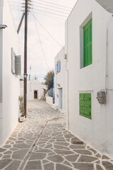 Fototapeta premium Serene alley in Paros, Greece, with green shutters, white-washed houses, and traditional Cycladic charm, bathed in natural light under a clear sky.