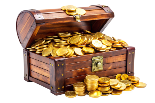 Treasure chest with gold coins TRANSPARENT BACKGROUND