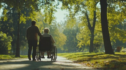 Fototapeta premium Senior woman in a wheelchair being assisted by a man, set in a bright, sunny park with green trees in the background, creating a warm and caring atmosphere, suitable for a heartwarming stock image