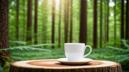 White coffee cup on a tree stump surrounded by lush green forest, creating a peaceful and natural setting