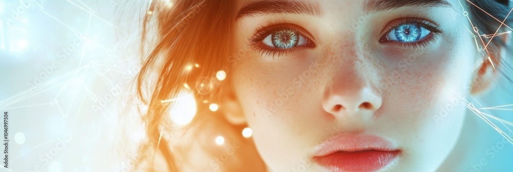 Poster a captivating young woman with striking eyes stands out against a vibrant backdrop of interconnected