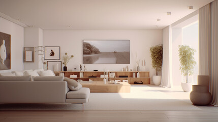 Transformed living space with stylish decor  Modern home office in the living room, Convenient, comfortable, nice place to work, Remote work from home, Minimal interior decor design background.
