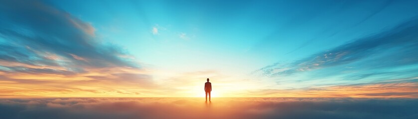 Obraz premium A solitary figure stands against a breathtaking sunrise, symbolizing hope and new beginnings in a vast, colorful landscape.