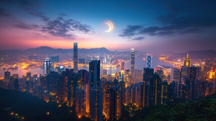 Fototapeta premium A stunning sunrise over Hong Kong with a crescent moon in the sky, as seen from Victoria Peak.
