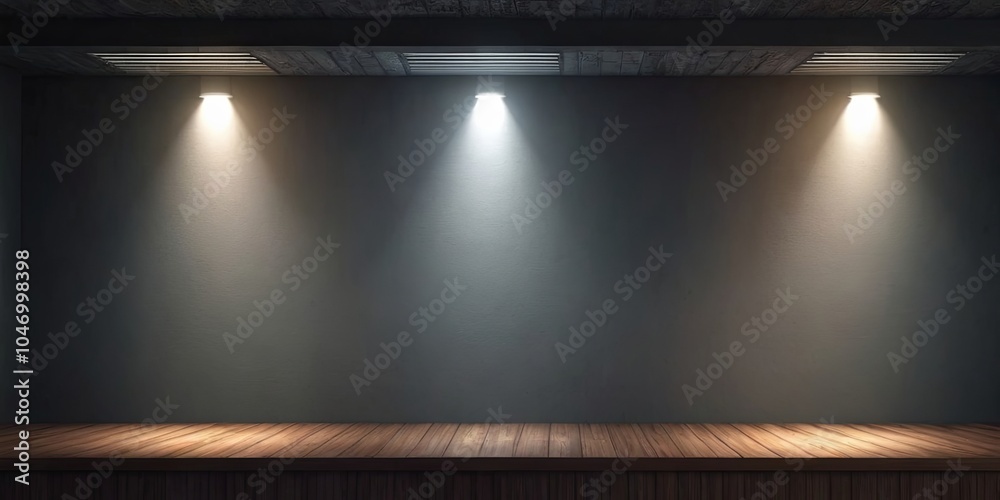 Poster a wall with three lights shining on it