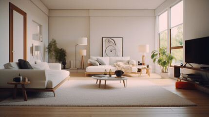 Fototapeta premium High end modern living room with white leather couch and a large flat screen tv mounted on the wall, brutalist architecture mixed with modern futuristic minimal New Chinese style wood grain brick int