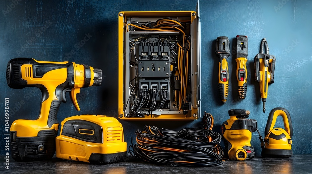 Aufkleber an arrangement of various power tools and electrical cables placed alongside an open electrical pane