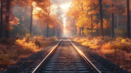 Fototapeta premium A train track runs through an autumn forest with sunlight highlighting the rusty rails and long shadows cast by the trees