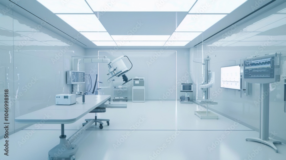 Poster a futuristic minimalist laboratory featuring a white canvas backdrop, advanced equipment layout in a