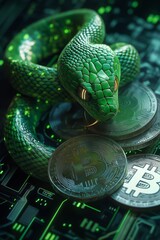 A green snake coiled around stacks of coins, representing financial growth and digital wealth 
