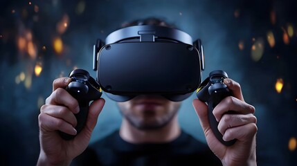 Hands of a person holding VR gaming controllers fully engaged and immersed in a digital interactive entertainment experience