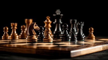 Naklejka premium Close-up of a chess game in progress, featuring wooden chess pieces on a dark background.